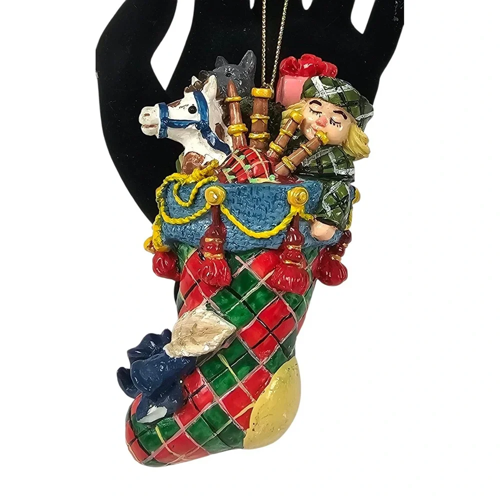 Resin Scottish‎ Stocking Ornament Boy Bagpipes Horse Christmas Decoration